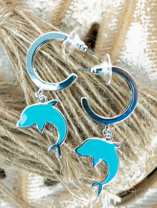 DOLPHIN CHARM AQUA SILVER HOOP EARRINGS MIAMI