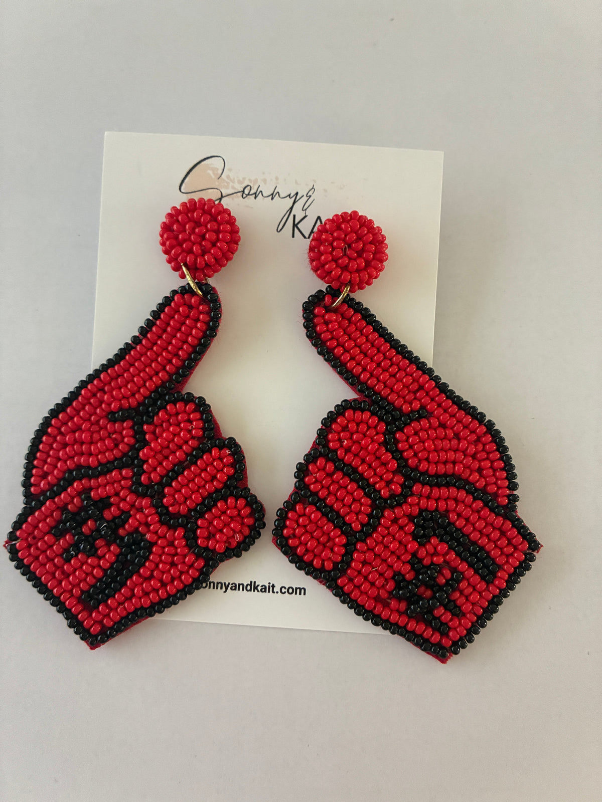 RED AND BLACK FOAM FINGER GAME DAY BEAD EARRINGS
