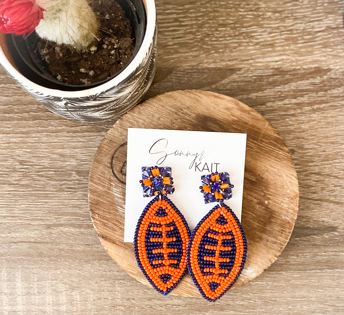 BLUE AND ORANGE FOOTBALL BEAD EARRINGS