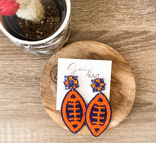 BLUE AND ORANGE FOOTBALL BEAD EARRINGS