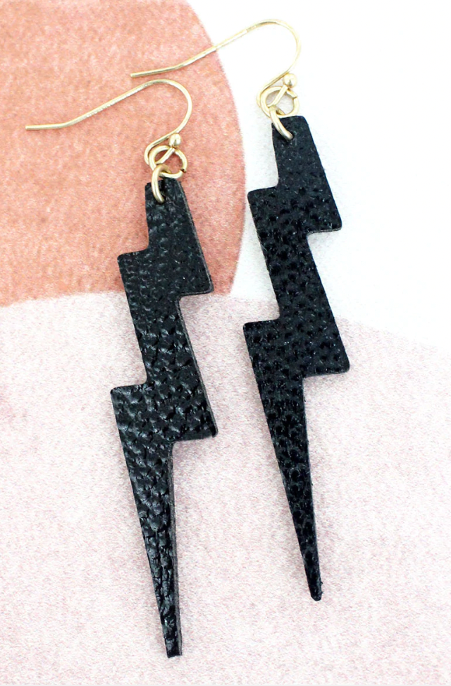 BLACK FAUX LEATHER BOLT EARRINGS
