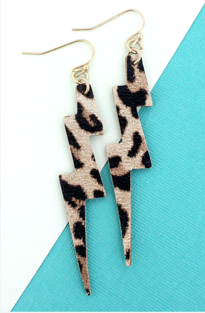 LEOPARD FAUX LEATHER BOLT EARRINGS