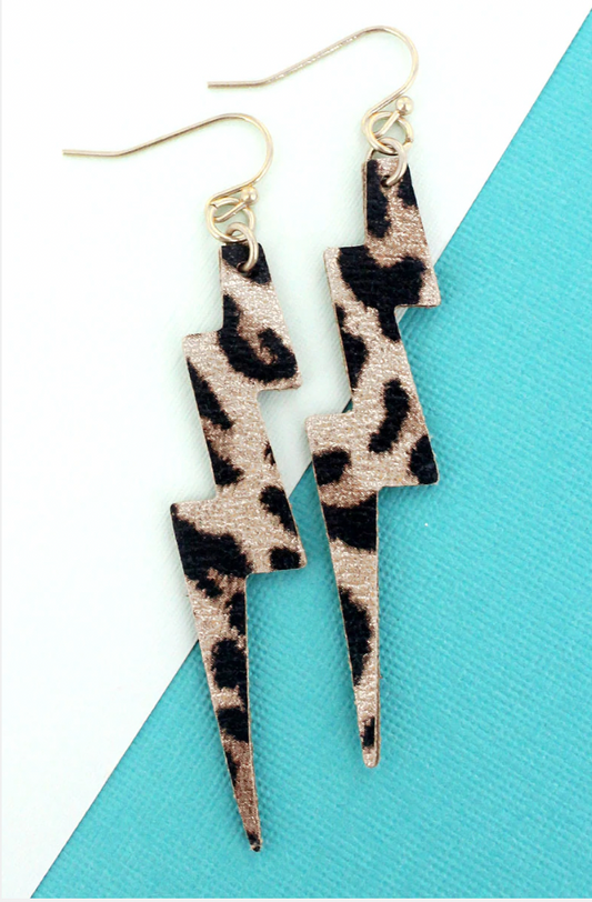 LEOPARD FAUX LEATHER BOLT EARRINGS