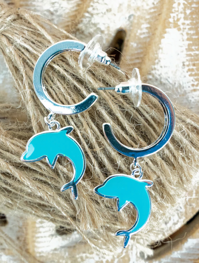 DOLPHIN CHARM AQUA SILVER HOOP EARRINGS MIAMI