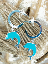 Load image into Gallery viewer, DOLPHIN CHARM AQUA SILVER HOOP EARRINGS MIAMI
