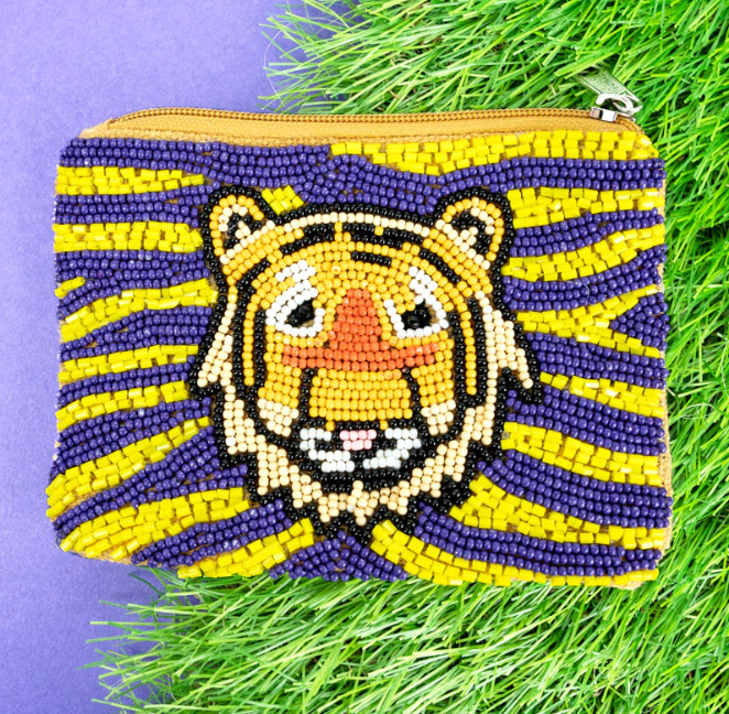 TIGER PRIDE PURPLE AND YELLOW SEED BEAD COIN PURSE LSU